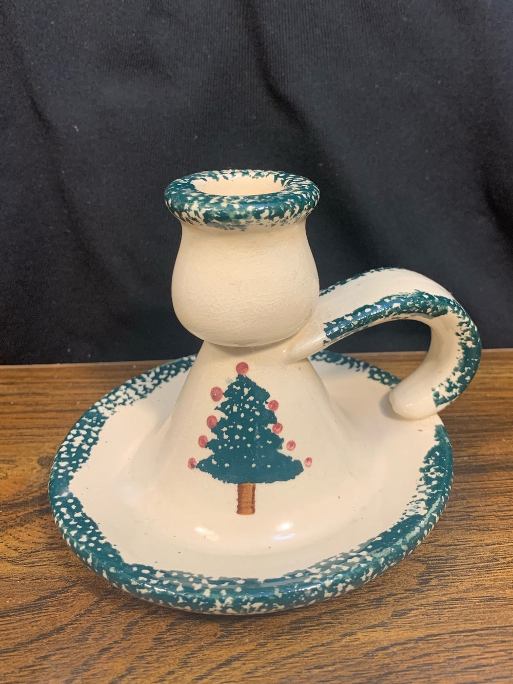 Vintage Stoneware Sponge Painted Ceramic Christmas Tree Chamber Candle Holder